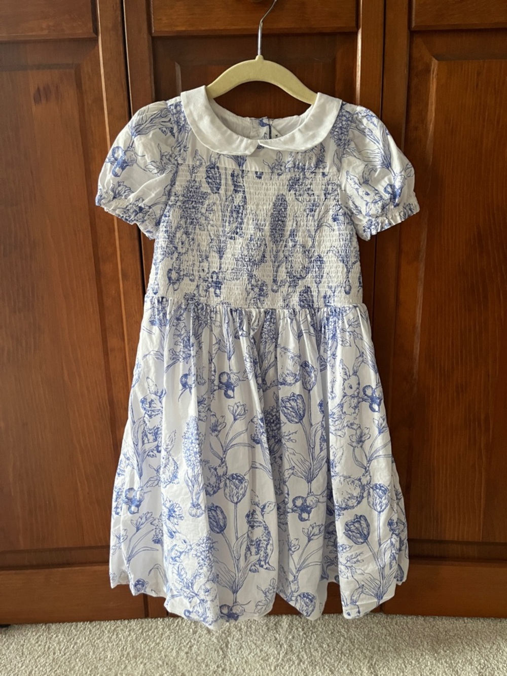 Janie and Jack White and Blue Easter Dress Bunny and Floral Print Sz. 4